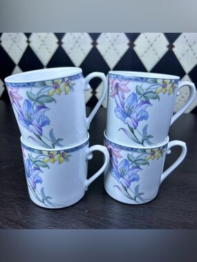 Floral Porcelain Coffee Mugs - White with Purple & Yellow Flowers (Set of 4)
